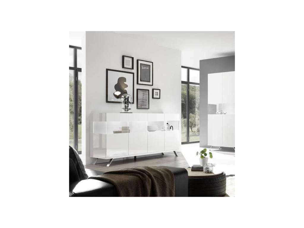 Buffet 4 Portes Laqué Blanc à LEDs - TARENTE N°1 4 Buffet 4 Portes Laqué Blanc à LEDs - TARENTE N°1 – Image 2