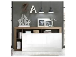 Buffet 4 Portes Blanc Laqué Brillant/Chêne Noisette - ISCHIA