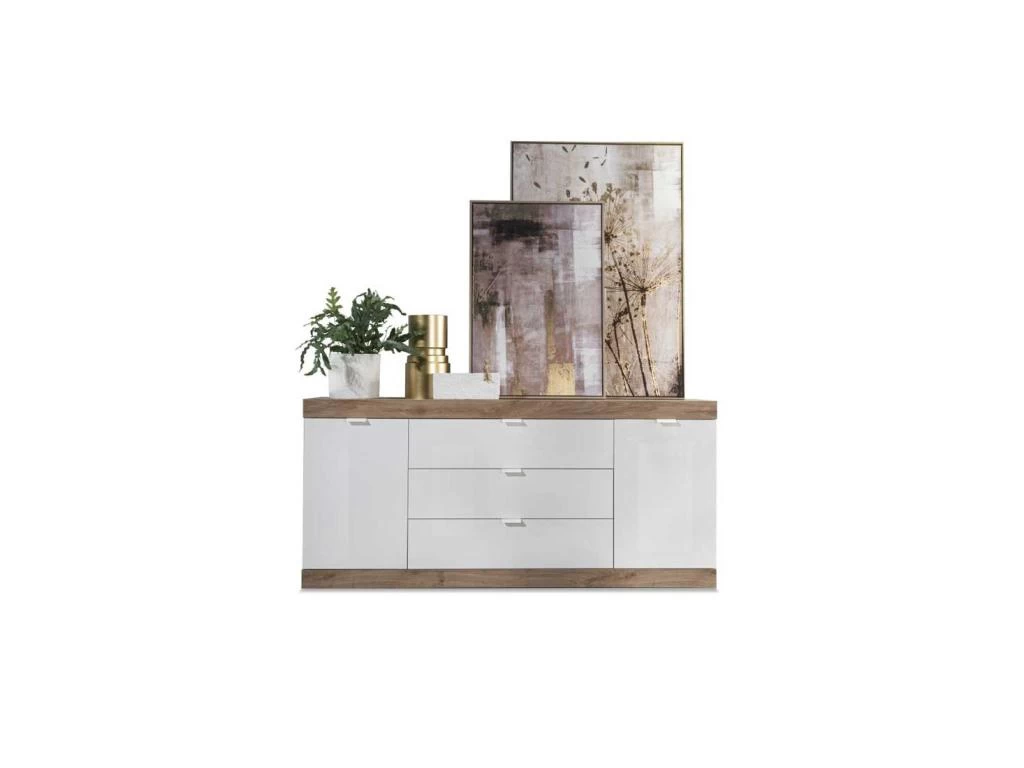 Buffet 2 Portes 3 Grands Tiroirs Blanc Laqué Brillant/Chêne Naturel - SPEZIA 3 Buffet 2 Portes 3 Grands Tiroirs Blanc Laqué Brillant/Chêne Naturel - SPEZIA
