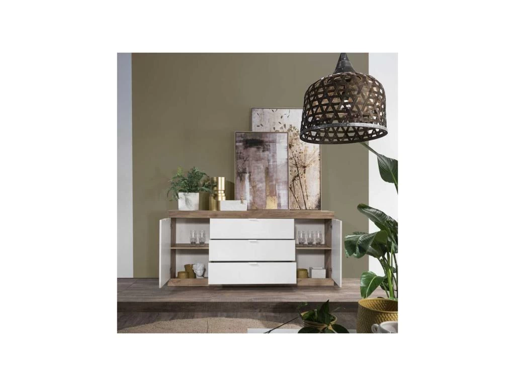 Buffet 2 Portes 3 Grands Tiroirs Blanc Laqué Brillant/Chêne Naturel - SPEZIA 4 Buffet 2 Portes 3 Grands Tiroirs Blanc Laqué Brillant/Chêne Naturel - SPEZIA – Image 2