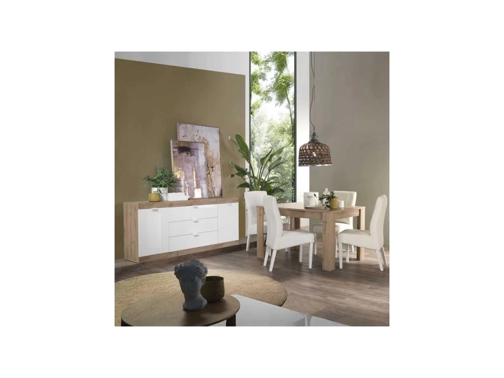 Buffet 2 Portes 3 Grands Tiroirs Blanc Laqué Brillant/Chêne Naturel - SPEZIA 5 Buffet 2 Portes 3 Grands Tiroirs Blanc Laqué Brillant/Chêne Naturel - SPEZIA – Image 3