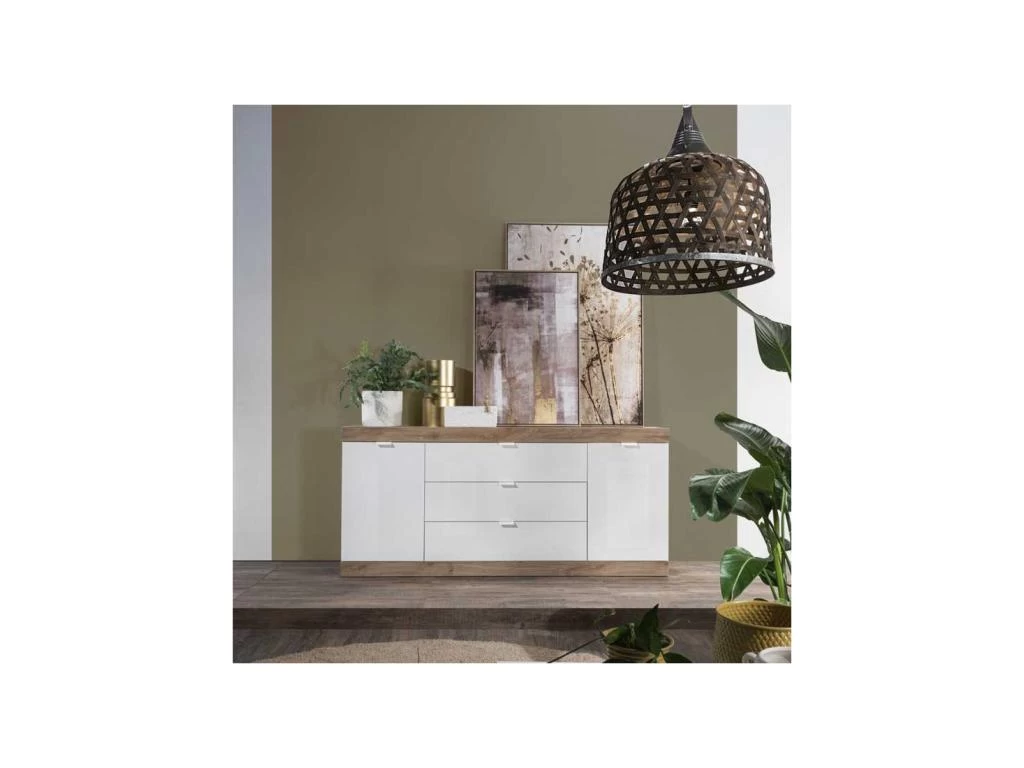 Buffet 2 Portes 3 Grands Tiroirs Blanc Laqué Brillant/Chêne Naturel - SPEZIA 6 Buffet 2 Portes 3 Grands Tiroirs Blanc Laqué Brillant/Chêne Naturel - SPEZIA – Image 4