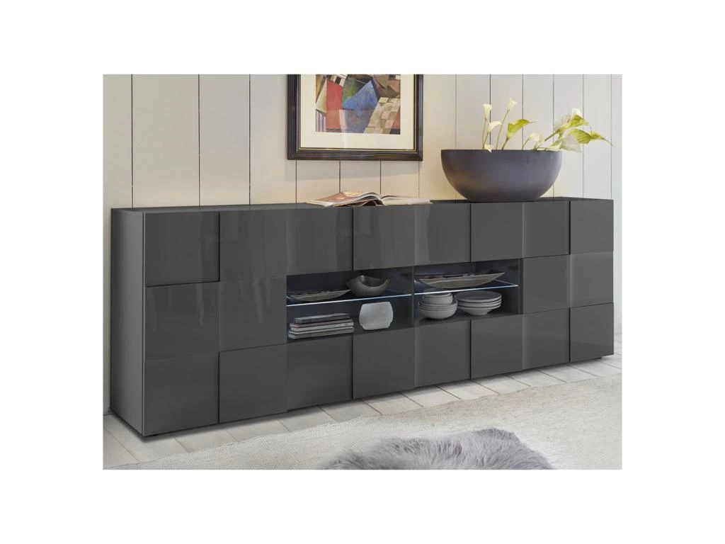 Buffet 2 Portes 4 Tiroirs Laqué Gris Brillant LED's - TICATO 3 Buffet 2 Portes 4 Tiroirs Laqué Gris Brillant LED's - TICATO