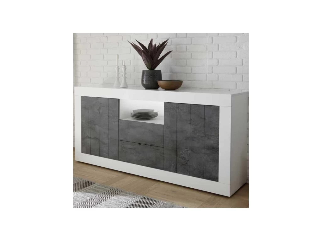 Buffet 2 Portes 2 Tiroirs Blanc/Béton Ciré Foncé - LUBIO 3 Buffet 2 Portes 2 Tiroirs Blanc/Béton Ciré Foncé - LUBIO