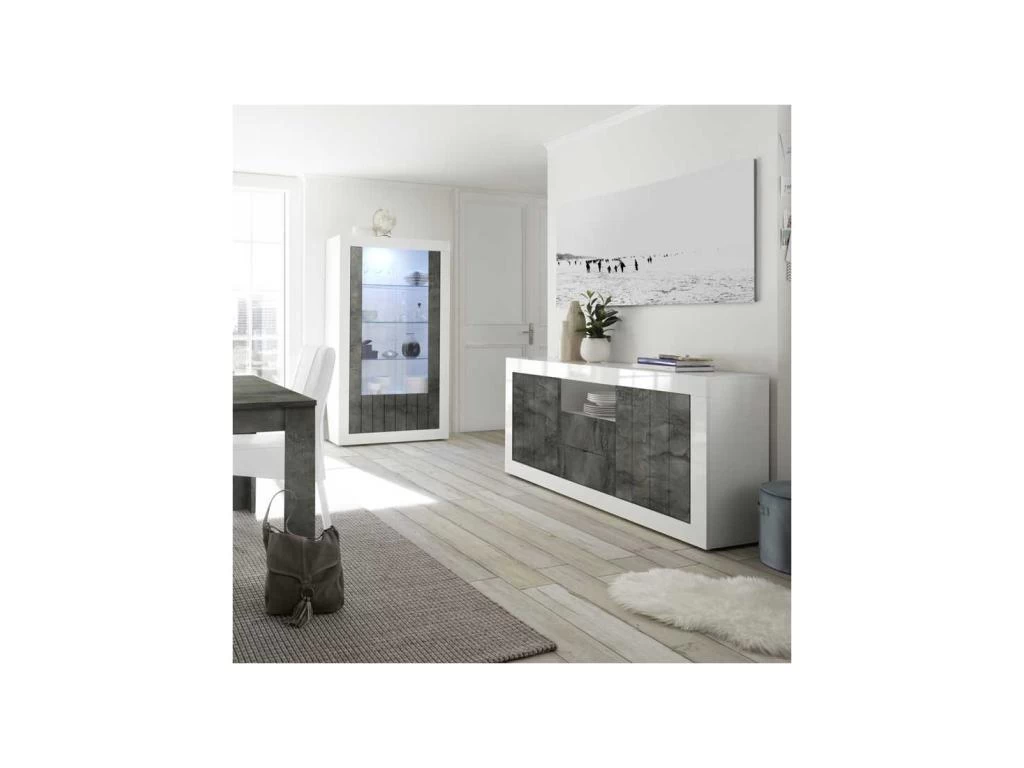 Buffet 2 Portes 2 Tiroirs Blanc/Béton Ciré Foncé - LUBIO 5 Buffet 2 Portes 2 Tiroirs Blanc/Béton Ciré Foncé - LUBIO – Image 3