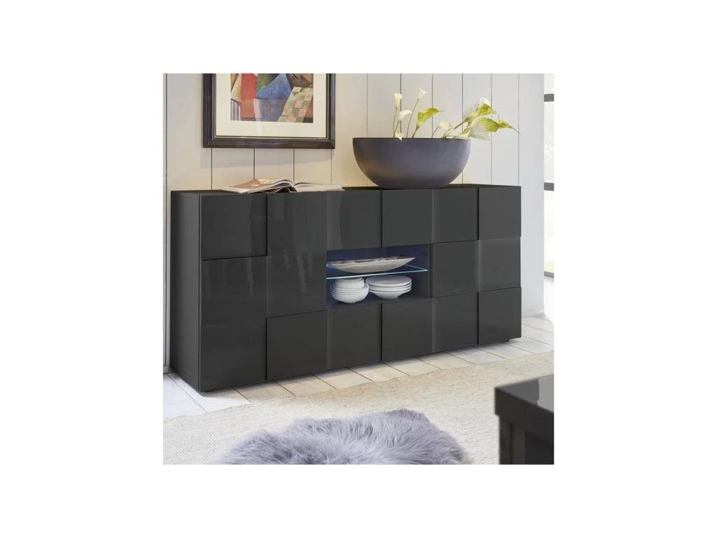 Buffet 2 Portes 2 Tiroirs Laqué Gris Brillant LED's - TICATO 3 Buffet 2 Portes 2 Tiroirs Laqué Gris Brillant LED's - TICATO