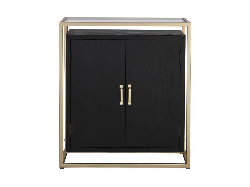 Buffet Haut Avec 2 Portes En MDF, Verre Trempé Et Métal - Effet Bois Noir Et Doré - TERIAVI 4 Buffet Haut Avec 2 Portes En MDF, Verre Trempé Et Métal - Effet Bois Noir Et Doré - TERIAVI – Image 2