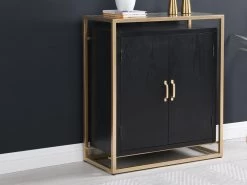 Buffet Haut Avec 2 Portes En MDF, Verre Trempé Et Métal - Effet Bois Noir Et Doré - TERIAVI