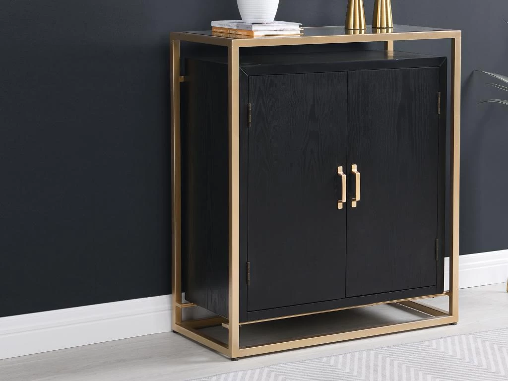 Buffet Haut Avec 2 Portes En MDF, Verre Trempé Et Métal - Effet Bois Noir Et Doré - TERIAVI 3 Buffet Haut Avec 2 Portes En MDF, Verre Trempé Et Métal - Effet Bois Noir Et Doré - TERIAVI