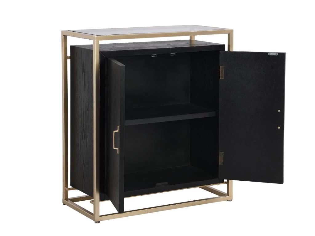Buffet Haut Avec 2 Portes En MDF, Verre Trempé Et Métal - Effet Bois Noir Et Doré - TERIAVI 6 Buffet Haut Avec 2 Portes En MDF, Verre Trempé Et Métal - Effet Bois Noir Et Doré - TERIAVI – Image 4