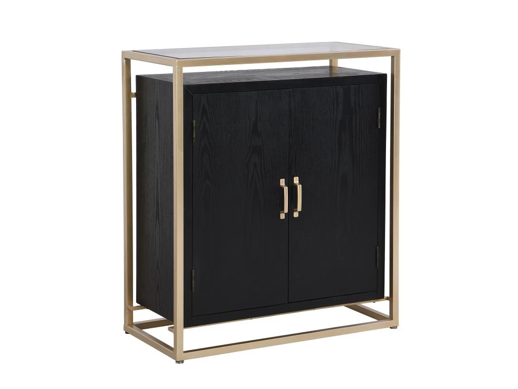 Buffet Haut Avec 2 Portes En MDF, Verre Trempé Et Métal - Effet Bois Noir Et Doré - TERIAVI 5 Buffet Haut Avec 2 Portes En MDF, Verre Trempé Et Métal - Effet Bois Noir Et Doré - TERIAVI – Image 3