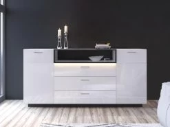 Buffet 2 Portes, 3 Tiroirs Et 1 Niche Avec LEDs - Blanc Laqué Et Noir - DOUREA