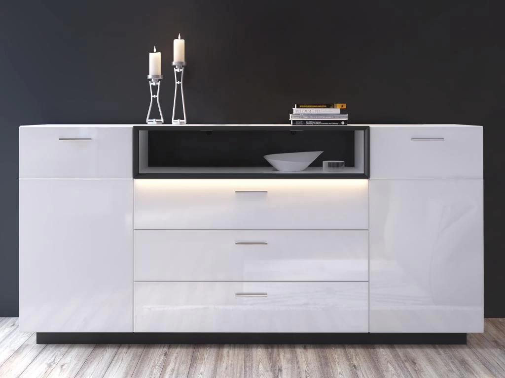 Buffet 2 Portes, 3 Tiroirs Et 1 Niche Avec LEDs - Blanc Laqué Et Noir - DOUREA 4 Buffet 2 Portes, 3 Tiroirs Et 1 Niche Avec LEDs - Blanc Laqué Et Noir - DOUREA – Image 2