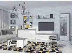 Buffet 2 Portes 4 Tiroirs LED Inclus Teo Blanc Et Gris -Magasin de meubles de restaurant buffet 14055477