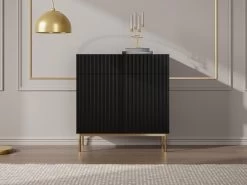 Buffet Haut Avec 2 Portes Et 2 Tiroirs En MDF Et Acier - Noir Et Doré - EVILANA