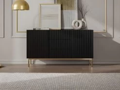 Buffet Avec 2 Portes Et 3 Tiroirs En MDF Et Acier - Noir Et Doré - EVILANA