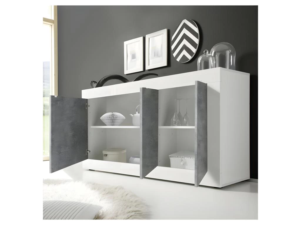 Buffet 3 Portes Blanc/Béton Ciré Clair - MATERA 4 Buffet 3 Portes Blanc/Béton Ciré Clair - MATERA – Image 2