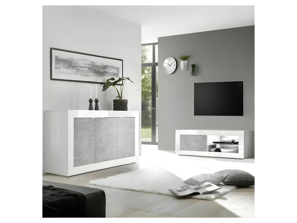 Buffet 3 Portes Blanc/Béton Ciré Clair - MATERA 6 Buffet 3 Portes Blanc/Béton Ciré Clair - MATERA – Image 4