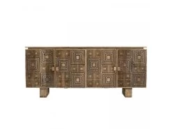 IRENE - Buffet Bois Manguier 177x45cm 4 Portes 2 étagères Motifs Noirs Goa -Magasin de meubles de restaurant buffet 14657481
