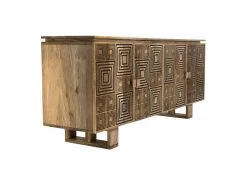 IRENE - Buffet Bois Manguier 177x45cm 4 Portes 2 étagères Motifs Noirs Goa -Magasin de meubles de restaurant buffet 14657483