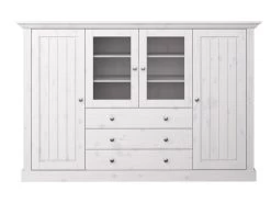 Alonso Buffet 2 Portes, 2 Portes Vitrées, 3 Tiroirs, White Washed.