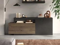 Buffet Avec 2 Portes, 3 Tiroirs Et 1 Niche - Naturel Foncé Et Anthracite - RUSELO