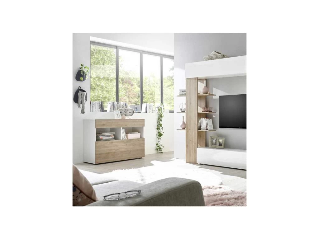 Buffet 1 Abattant 1 Tiroir Laqué Blanc Brillant/Chêne Naturel - TAORMINE 7 Buffet 1 Abattant 1 Tiroir Laqué Blanc Brillant/Chêne Naturel - TAORMINE – Image 5