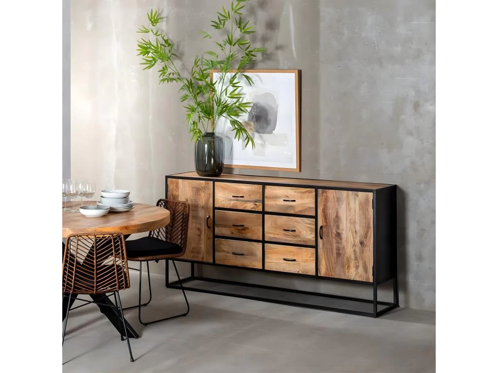 BRATO - Buffet 2 Portes 6 Tiroirs Manguier Et Métal Noir 4 BRATO - Buffet 2 Portes 6 Tiroirs Manguier Et Métal Noir – Image 2