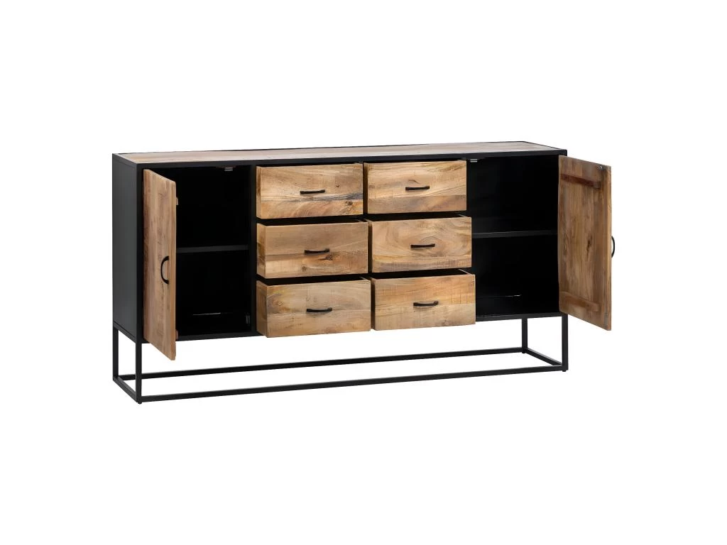 BRATO - Buffet 2 Portes 6 Tiroirs Manguier Et Métal Noir 5 BRATO - Buffet 2 Portes 6 Tiroirs Manguier Et Métal Noir – Image 3