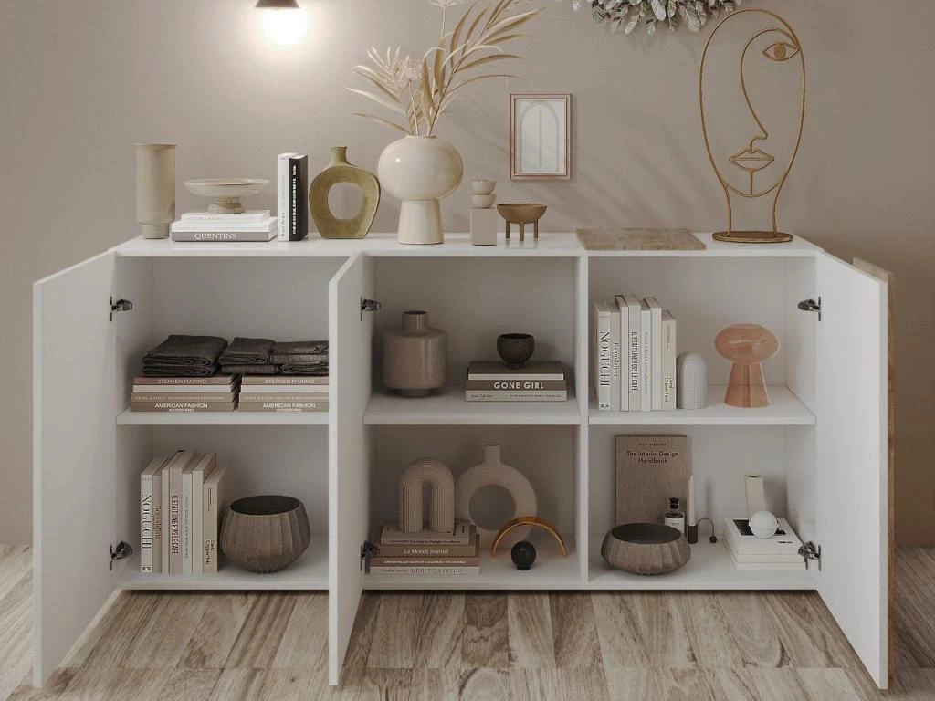 Buffet Avec 3 Portes - Blanc Et Naturel Clair - CAYNO 4 Buffet Avec 3 Portes - Blanc Et Naturel Clair - CAYNO – Image 2