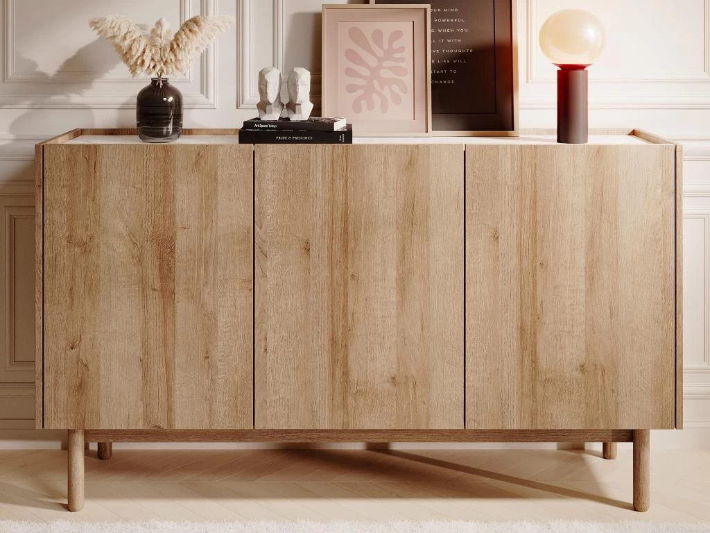 Buffet Avec 3 Portes - Naturel Clair Et Effet Marbre Blanc - SITOLI 5 Buffet Avec 3 Portes - Naturel Clair Et Effet Marbre Blanc - SITOLI – Image 3