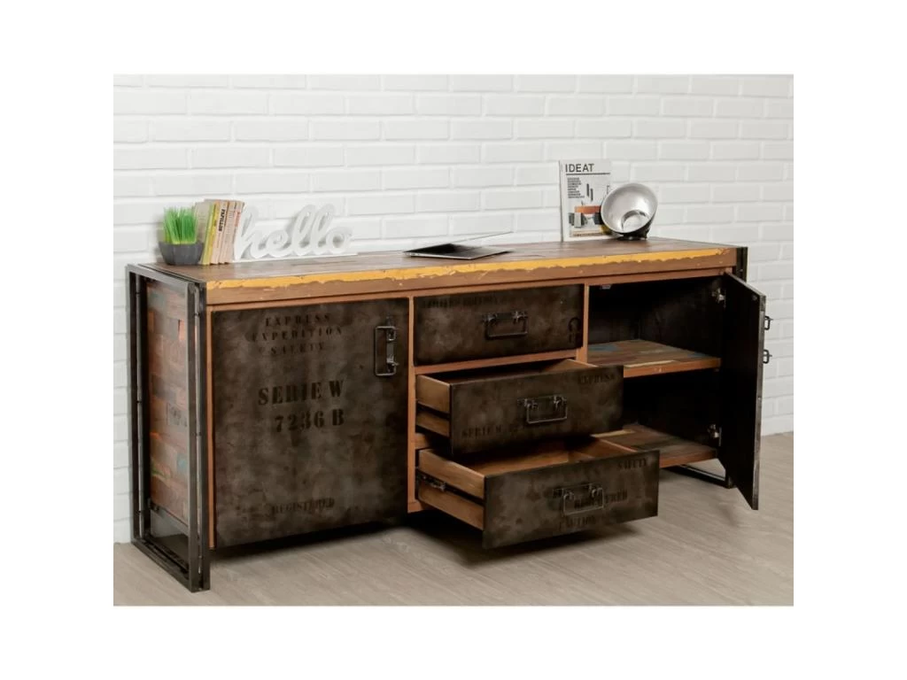 Buffet En Teck Industriel "Loft" 190cm Marron 5 Buffet En Teck Industriel "Loft" 190cm Marron – Image 3
