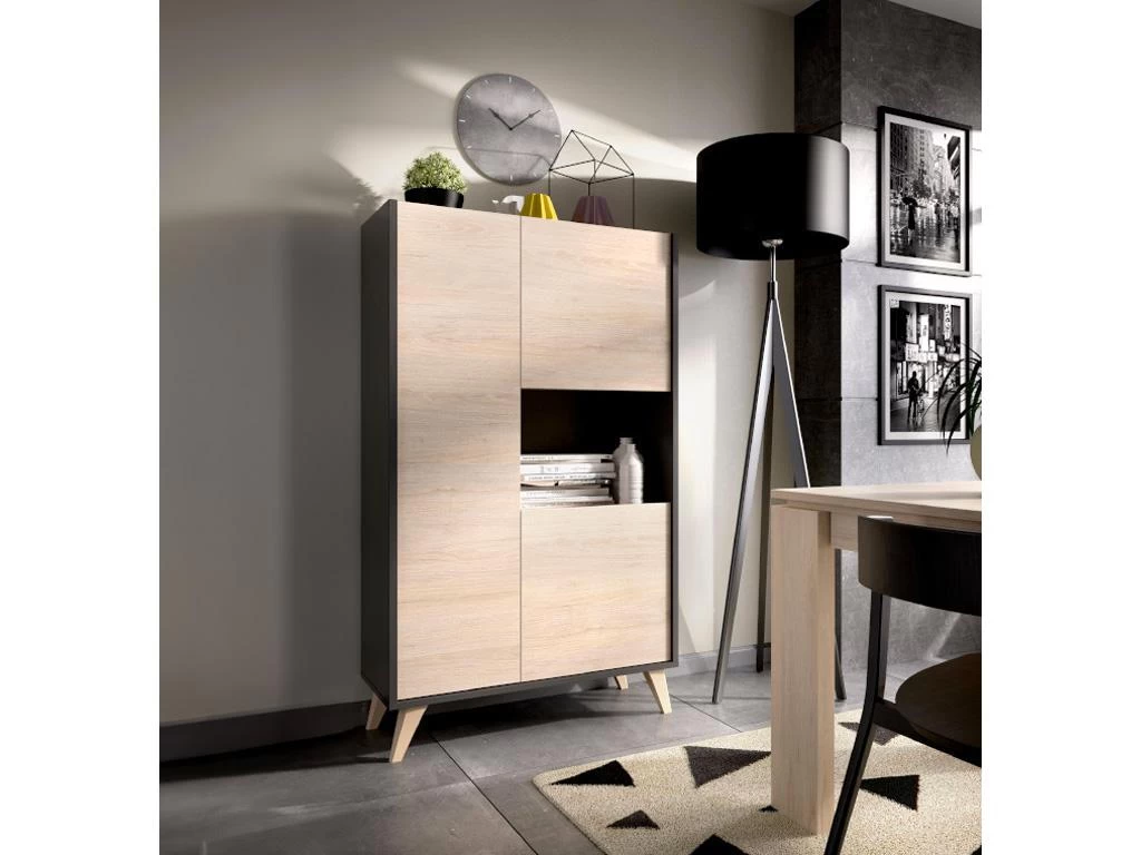 Buffet Haut KOLYMA - 3 Portes & 1 Niche - Coloris : Chêne & Anthracite 4 Buffet Haut KOLYMA - 3 Portes & 1 Niche - Coloris : Chêne & Anthracite – Image 2