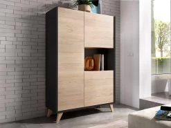 Buffet Haut KOLYMA - 3 Portes & 1 Niche - Coloris : Chêne & Anthracite