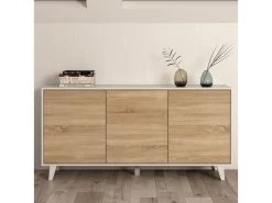 Buffet 3 Portes Blanc Brillant/Chêne Clair - STOCKTON - L 154 X L 41 X H 75 Cm