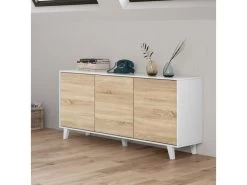 Buffet 3 Portes Blanc Brillant/Chêne Clair - STOCKTON - L 154 X L 41 X H 75 Cm -Magasin de meubles de restaurant buffet 19720561