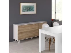 Buffet 3 Portes Blanc Brillant/Chêne Clair - STOCKTON - L 154 X L 41 X H 75 Cm -Magasin de meubles de restaurant buffet 19720567