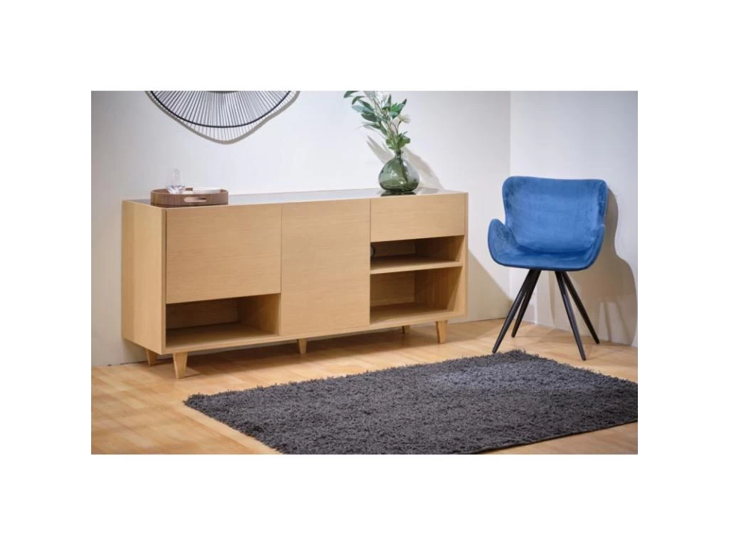 Buffet 165 Cm Décor Chêne Clair Avec Plateau Verre Fumé - MADDE 6862 4 Buffet 165 Cm Décor Chêne Clair Avec Plateau Verre Fumé - MADDE 6862 – Image 2