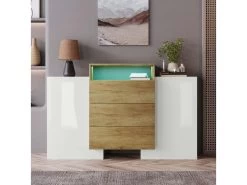 Buffet Avec 2 Portes 3 Tiroirs Et LED - Pour Salon Et Chambre - Naturel & Blanc