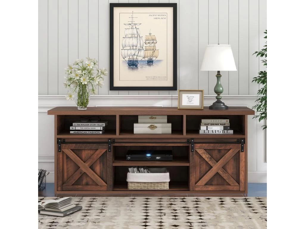 Buffet Avec 2 Portes Coulissantes + Compartiments - étagères Réglables - Marron Foncé 3 Buffet Avec 2 Portes Coulissantes + Compartiments - étagères Réglables - Marron Foncé