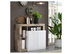 Buffet 2 Portes Blanc Laqué Brillant/Bois Fumé - ISCHIA