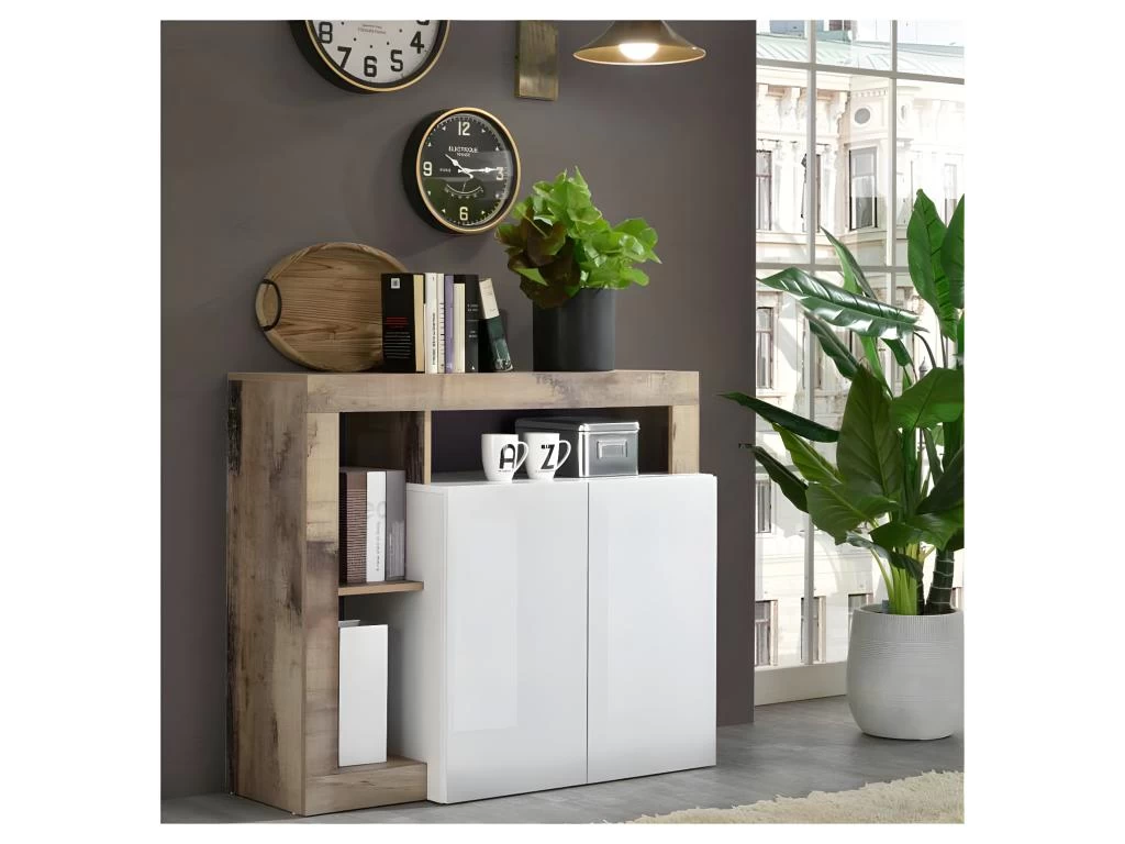 Buffet 2 Portes Blanc Laqué Brillant/Bois Fumé - ISCHIA 3 Buffet 2 Portes Blanc Laqué Brillant/Bois Fumé - ISCHIA