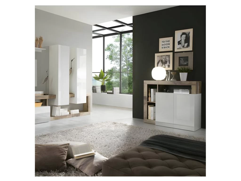 Buffet 2 Portes Blanc Laqué Brillant/Bois Fumé - ISCHIA 4 Buffet 2 Portes Blanc Laqué Brillant/Bois Fumé - ISCHIA – Image 2