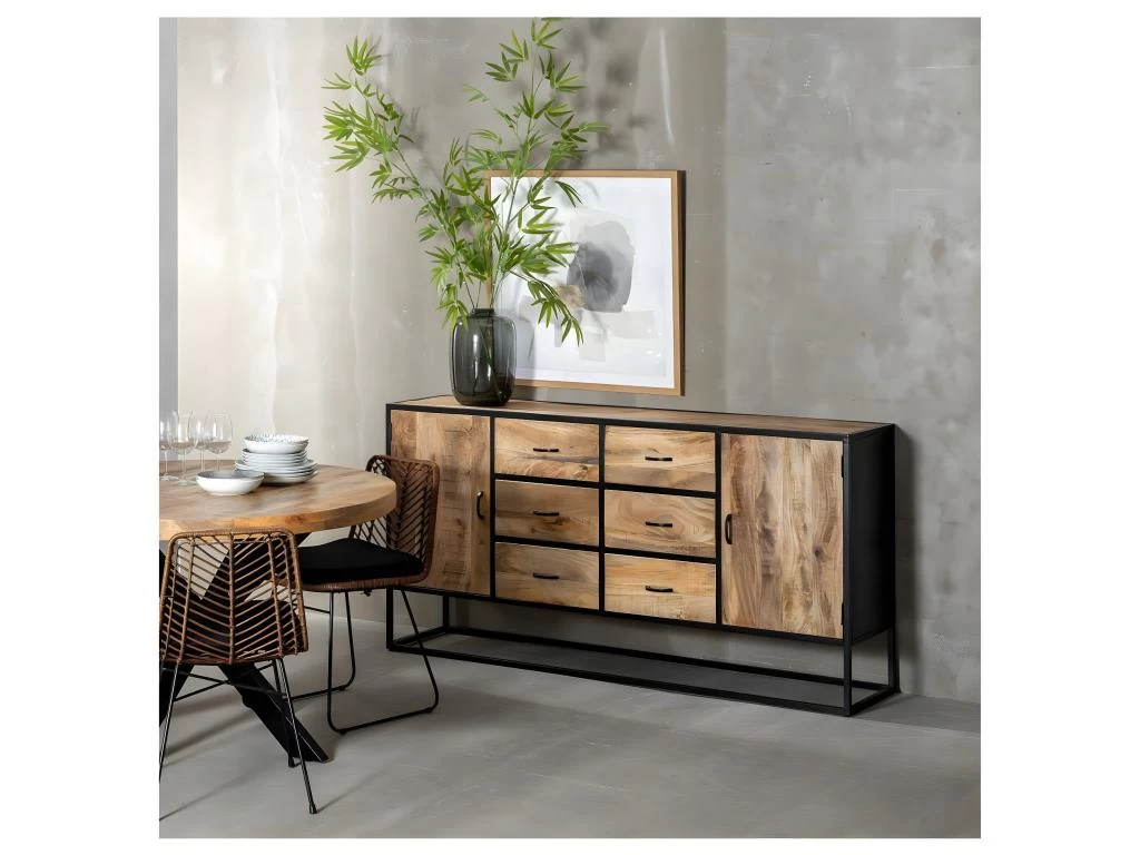 Buffet 2 Portes 6 Tiroirs Brut/Métal - AMANDIA 3 Buffet 2 Portes 6 Tiroirs Brut/Métal - AMANDIA