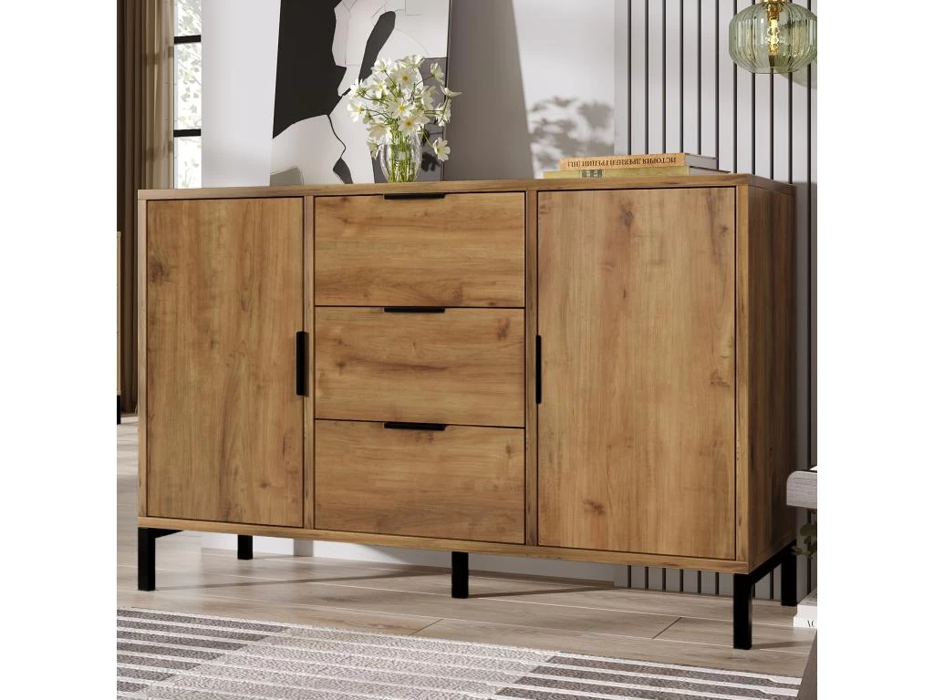 Buffet Avec 2 Portes + 3 Tiroirs + étagères Réglables - Naturel 3 Buffet Avec 2 Portes + 3 Tiroirs + étagères Réglables - Naturel