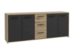 Buffet PILVI - Style Contemporain - Particules Mélaminé -Décor Chene Artisan Et Noir- 4 Portes + 3 Tiroirs - L179,2 X P42