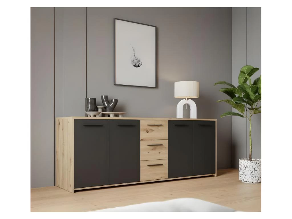 Buffet PILVI - Style Contemporain - Particules Mélaminé -Décor Chene Artisan Et Noir- 4 Portes + 3 Tiroirs - L179,2 X P42 4 Buffet PILVI - Style Contemporain - Particules Mélaminé -Décor Chene Artisan Et Noir- 4 Portes + 3 Tiroirs - L179,2 X P42 – Image 2
