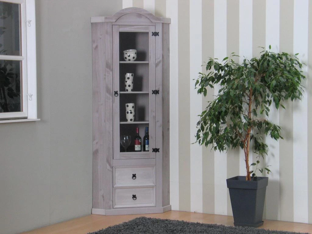 New Mexico Armoire D'angle Mexico Avec 1 Porte Vitrée Et 2 Tiroirs, En Gris. 4 New Mexico Armoire D'angle Mexico Avec 1 Porte Vitrée Et 2 Tiroirs, En Gris. – Image 2