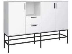 Cris Buffet 3 Portes Et 2 Tiroirs, Blanc Laqué, Structure Métallique, Noir.