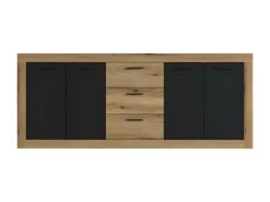 Buffet INDUS Mélaminé Chene Et Noir - 4 Portes + 3 Tiroirs - Style Industriel - L 206 X P 45 X H 83,5 Cm STONE